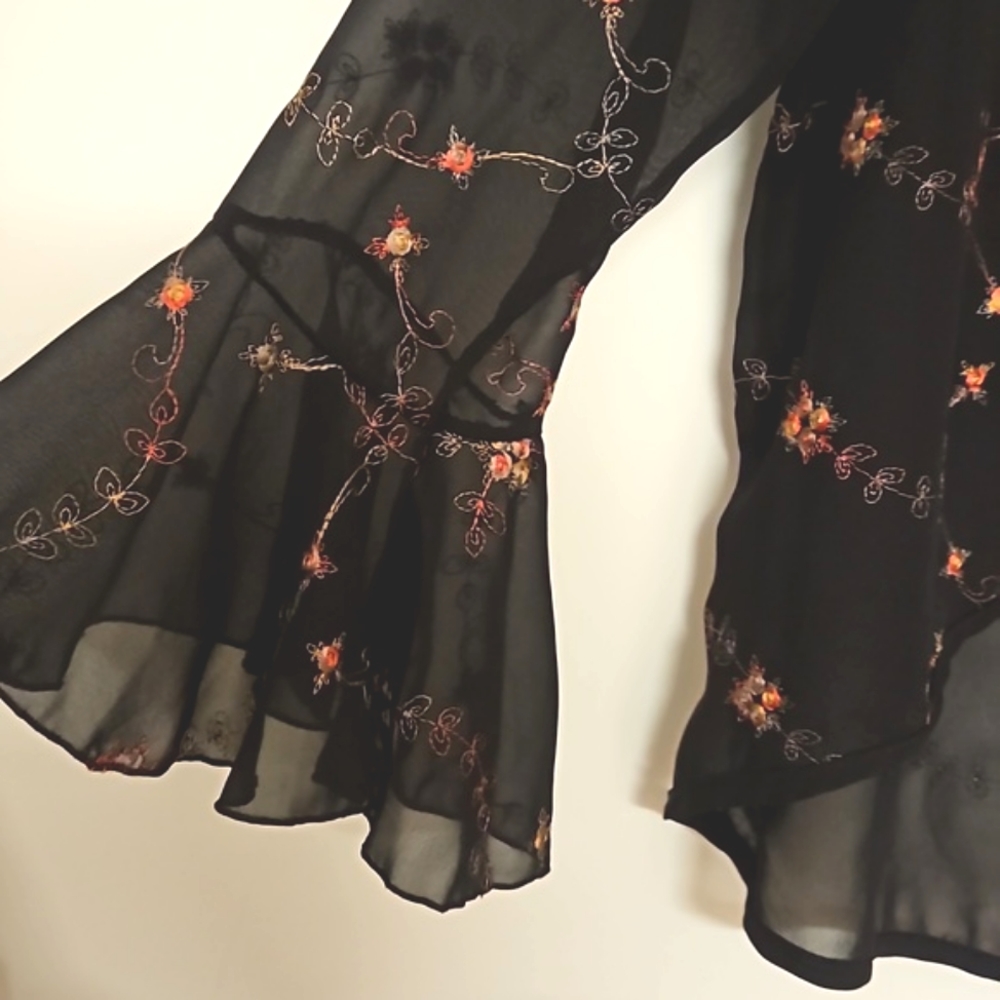 Black semi sheer rose embroidered bell sleeve top coverup Medium black tie Prom